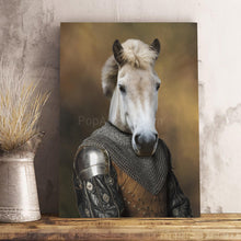 Load image into Gallery viewer, Portrait of a horse with the body of a man dressed as a knight stands on a wooden shelf
