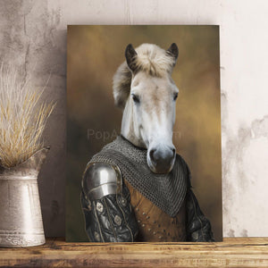 Portrait of a horse with the body of a man dressed as a knight stands on a wooden shelf