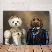 Load image into Gallery viewer, Portrait of a couple of two dogs with human bodies dressed in silver and blue royal clothes standing on a wooden floor near a gray wall
