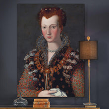 Load image into Gallery viewer, Portrait of a woman with red hair dressed in royal clothes hangs on a blue wall above three books
