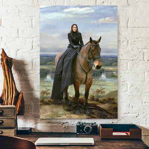 Portrait of a woman riding a horse dressed in black royal clothes hangs on a white brick wall above a work table