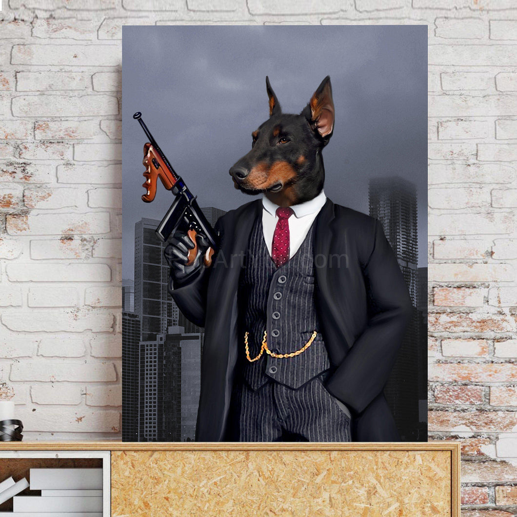 Portrait of a dog dressed in black gangster clothes with a weapon stands on a wooden shelf near a brick wall