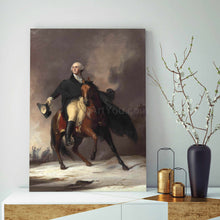 Load image into Gallery viewer, A portrait of a man riding a horse dressed in black royal clothes stands on the table next to a vase
