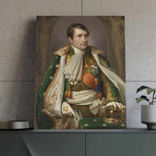 Load image into Gallery viewer, On the table against the background of a gray wall is a portrait of a man dressed in a green Napoleon costume
