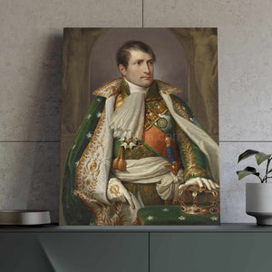 On the table against the background of a gray wall is a portrait of a man dressed in a green Napoleon costume