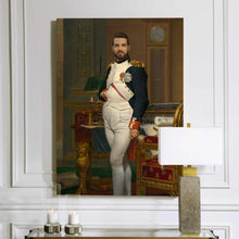 Load image into Gallery viewer, A portrait of a man dressed in a historical regal costume hangs on a white wall next to two candles
