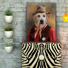 Load image into Gallery viewer, Portrait of a dog wearing a hat dressed in Wild West Sheriff clothes hanging on a white brick wall near a light bulb
