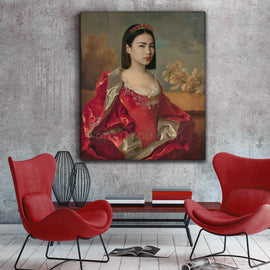 Portrait of a woman dressed in red regal attire hangs on a gray wall next to two red armchairs