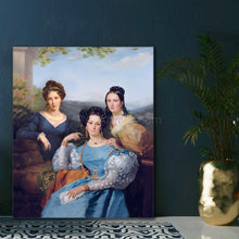 Load image into Gallery viewer, Portrait of three women dressed in royal dresses stands on a white table near a golden vase
