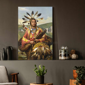 A portrait of a man dressed in an American Indian costume with a fur coat stands on a gray table next to a flower