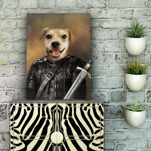  Portrait of a dog in a warrior costume stands on a cabinet near a brick wall