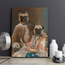 Load image into Gallery viewer, Portrait of a pair of dogs with human bodies dressed in gray royal clothes stands on a wooden table near a candle
