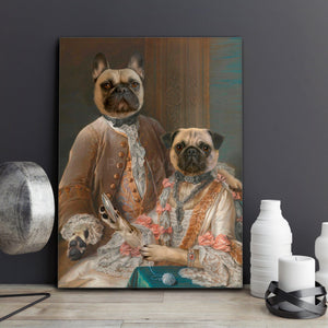 Portrait of a pair of dogs with human bodies dressed in gray royal clothes stands on a wooden table near a candle
