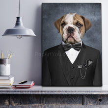 Load image into Gallery viewer, Portrait of a dog dressed in a black bowler suit stands on a gray wooden shelf near a lamp
