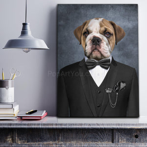 Portrait of a dog dressed in a black bowler suit stands on a gray wooden shelf near a lamp