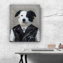Load image into Gallery viewer, Portrait of a dog with a human body dressed in hooligan clothes hangs on a gray wall above a work table
