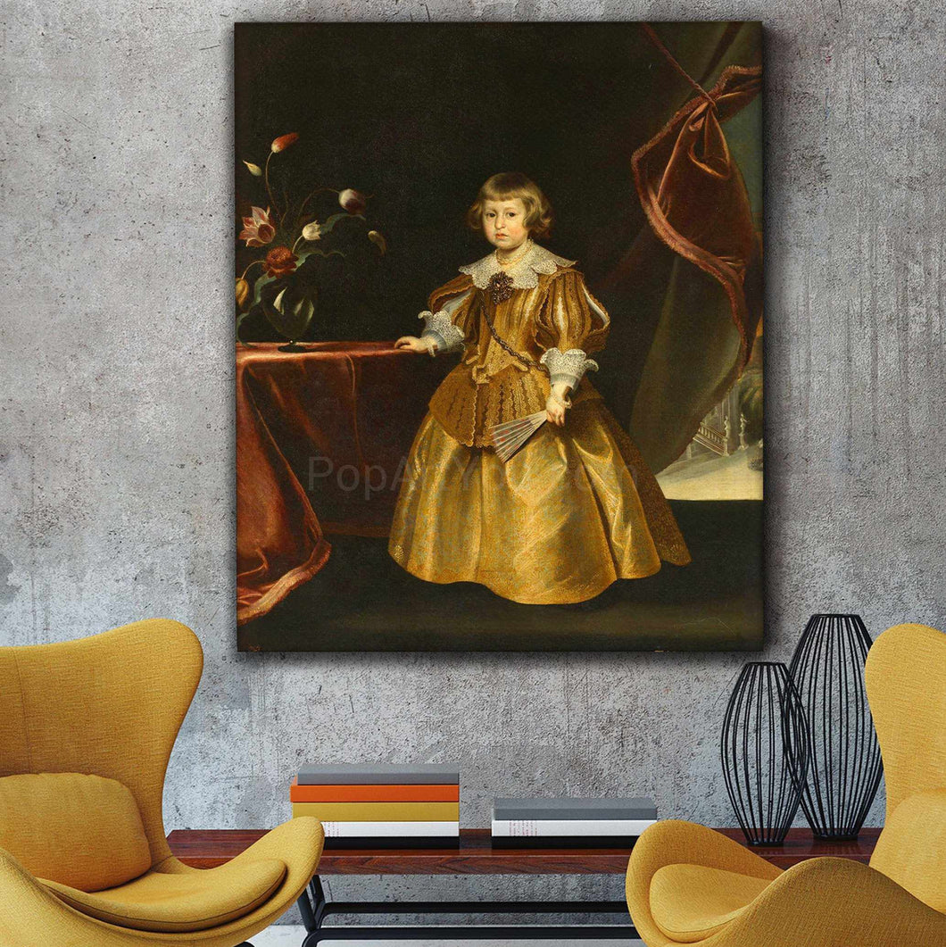 Portrait of a girl dressed in a golden royal dress hangs on a gray wall near two yellow armchairs