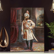 Load image into Gallery viewer, A portrait of a man dressed in historical royal clothes stands on a white table next to two light bulbs
