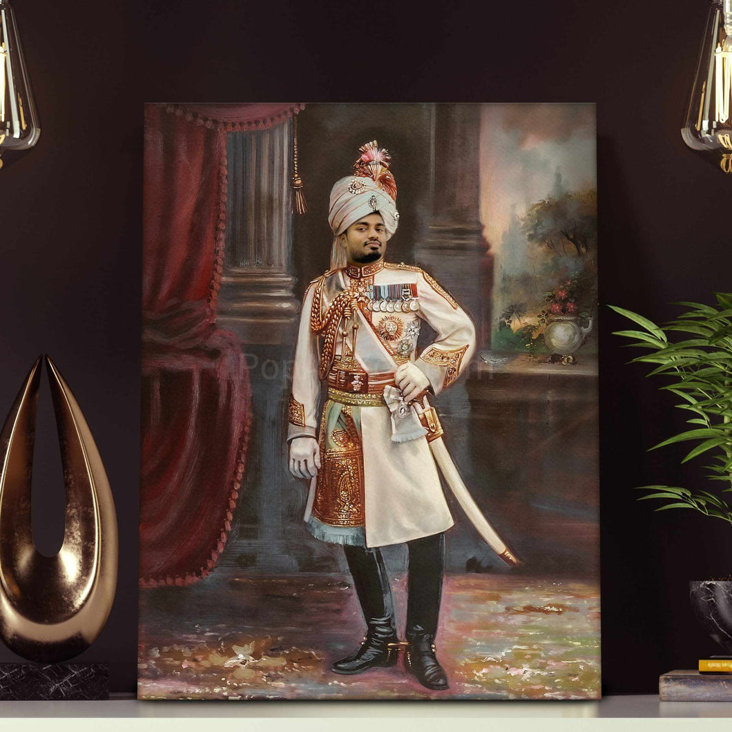 A portrait of a man dressed in historical royal clothes stands on a white table next to two light bulbs
