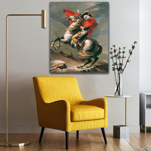 Portrait of a dog with a human body dressed in a Napoleon costume riding a horse hangs on a gray wall near a yellow armchair