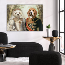 Load image into Gallery viewer, Wedding portrait of two dogs hanging on a white wall near a black armchair
