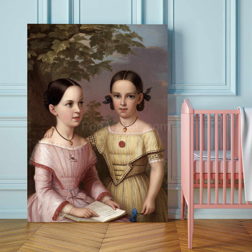 Portrait of two girls dressed in pink and yellow royal dresses stands on the wooden floor