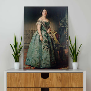 Portrait of a woman with dark hair dressed in green royal clothes stands on a white table