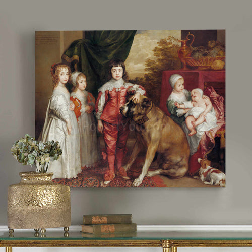 Portrait of five children dressed in historical royal clothes standing near a large dog hangs on a gray wall near a golden vase