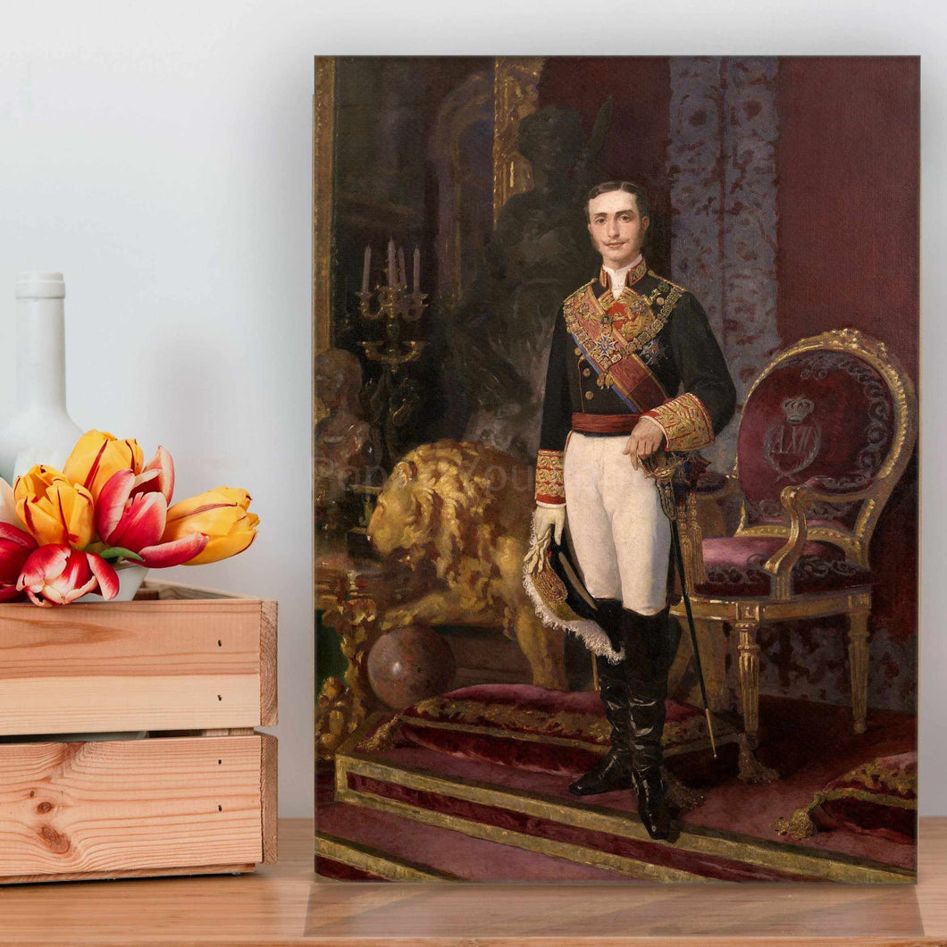 On the table next to flowers is a portrait of a man dressed in royal clothes