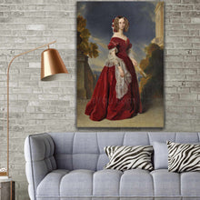 Load image into Gallery viewer, Portrait of a woman with dark hair wearing red regal attire hangs on a gray brick wall above the sofa
