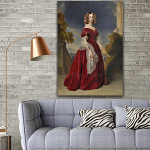 Portrait of a woman with dark hair wearing red regal attire hangs on a gray brick wall above the sofa