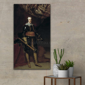 A portrait of a man dressed in a historical royal costume hangs on the wall next to three cacti