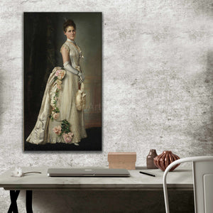 Portrait of a woman with dark hair dressed in white royal clothes hangs on the gray wall above the work table