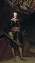 Load image into Gallery viewer, The portrait shows a man standing near a red table dressed in renaissance regal attire
