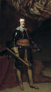 The portrait shows a man standing near a red table dressed in renaissance regal attire