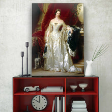 Load image into Gallery viewer, Portrait of a woman with dark hair dressed in white regal attire stands on a black table next to the clock
