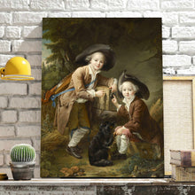 Load image into Gallery viewer, Portrait of two boys dressed in historical royal clothes with hats standing on a shelf against a background of a white brick wall
