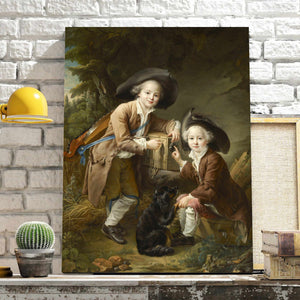 Portrait of two boys dressed in historical royal clothes with hats standing on a shelf against a background of a white brick wall