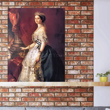 Load image into Gallery viewer, Portrait of a woman with dark hair dressed in royal clothes stands on a wooden shelf against a background of a red brick wall
