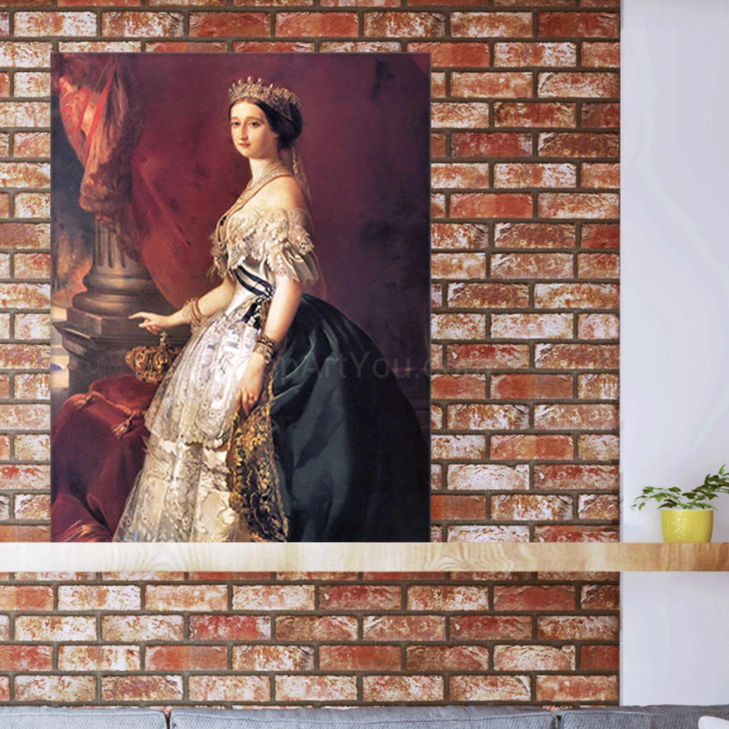 Portrait of a woman with dark hair dressed in royal clothes stands on a wooden shelf against a background of a red brick wall