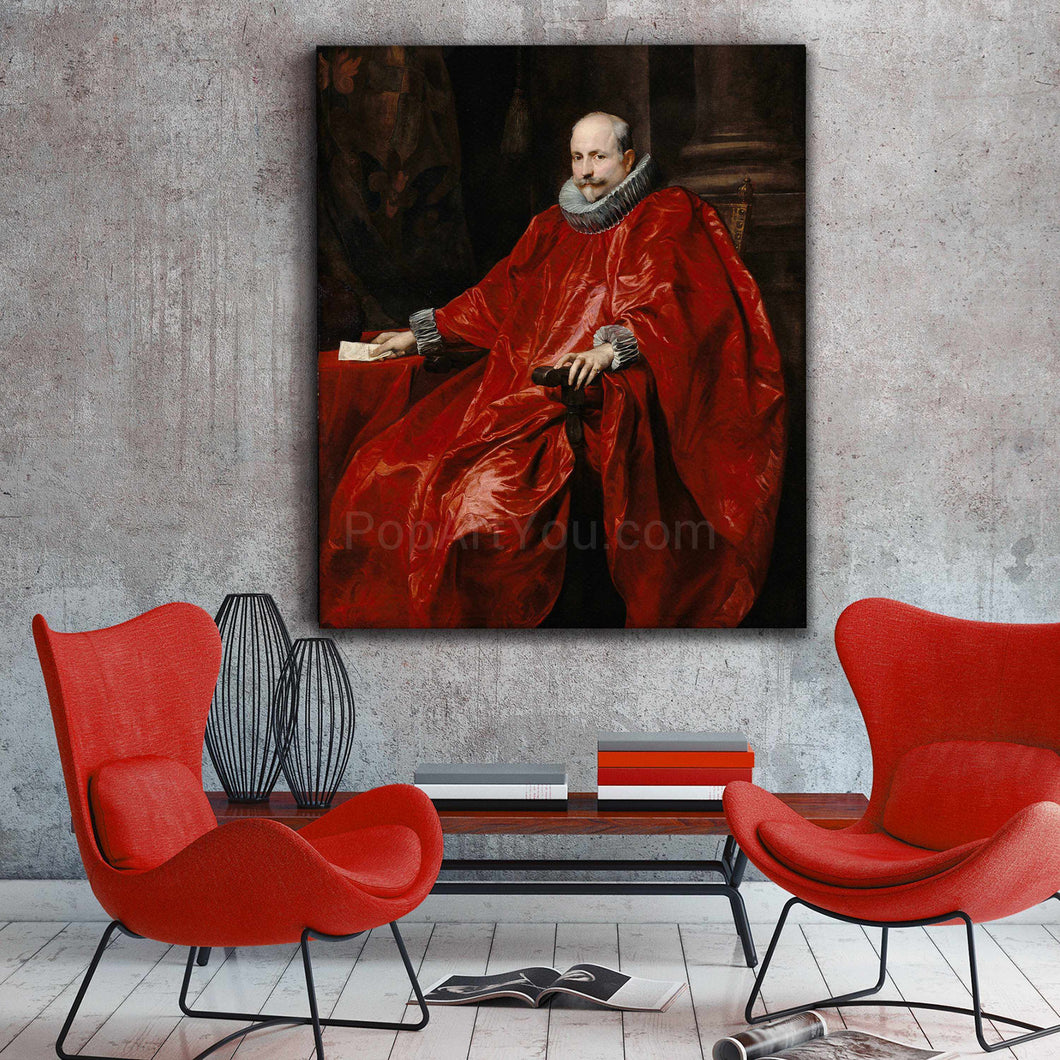 A portrait of a man dressed in red royal clothes hangs on a gray wall next to two red armchairs