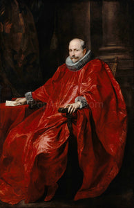 The portrait shows an elderly man dressed in renaissance red regal attire