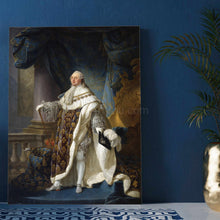 Load image into Gallery viewer, The portrait shows a man on a blue background, dressed in regal clothes

