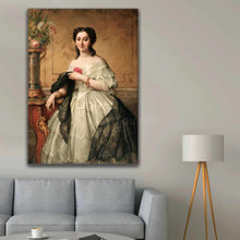Load image into Gallery viewer, Portrait of a woman with dark hair wearing a white royal dress hangs on a white wall above the sofa

