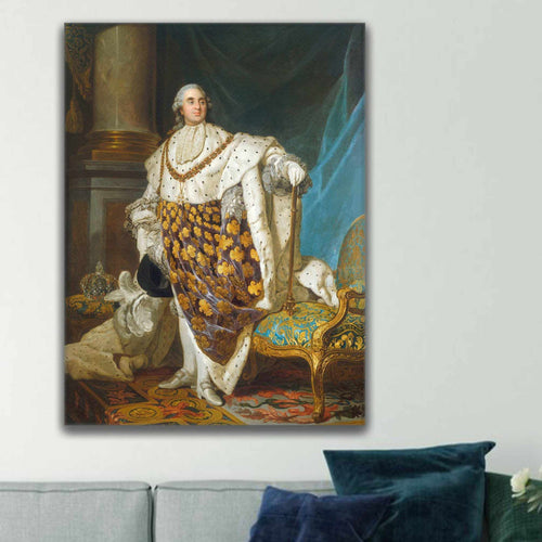 A portrait of a man dressed in historical royal clothes hangs on a white wall above a gray sofa