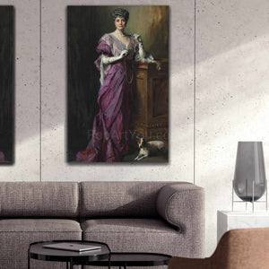 Portrait of an elderly woman with gray hair dressed in historical royal clothes hangs on a white wall above the sofa