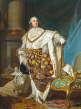 Load image into Gallery viewer, The portrait shows a man standing near a golden chair dressed in renaissance regal attire
