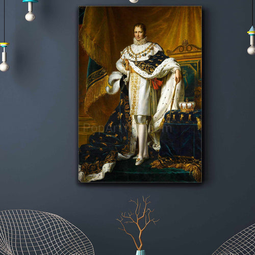 A portrait of a man dressed in historical royal clothes hangs on the blue wall above a small tree