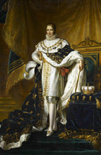 Load image into Gallery viewer, The portrait shows a man standing near the golden curtains dressed in renaissance regal attire
