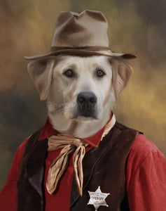The portrait shows a dog with hat wearing a red Sheriff's attire with a star